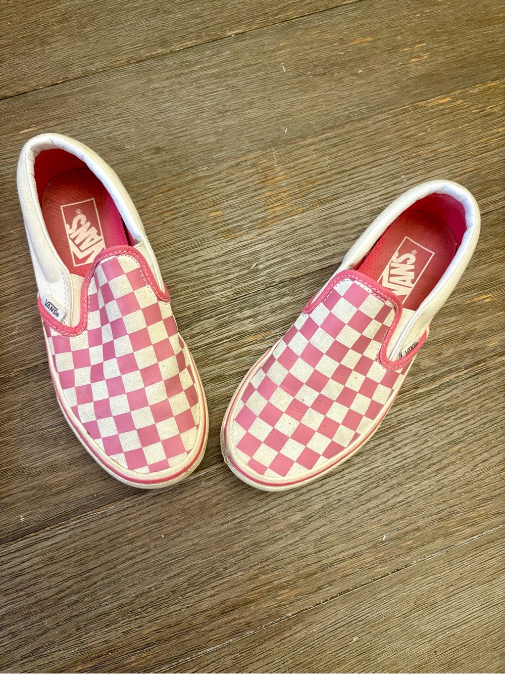 Vans Pink and White Checkerboard Slip-On Sneakers
